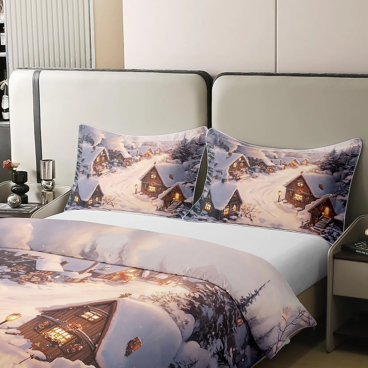 100% Cotton Farmhouse Duvet Cover Winter Theme Christmas Rustic Style Bedding Set for Kids Teens Adults Retro Wood Cabin Jungle Pine Tree Quilt Cover,2 Pillowcases(No Comforter) Full Size 3 Pcs