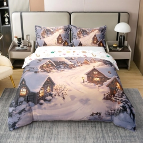 100% Cotton Farmhouse Duvet Cover Winter Theme Christmas Rustic Style Bedding Set for Kids Teens Adults Retro Wood Cabin Jungle Pine Tree Quilt Cover,2 Pillowcases(No Comforter) Full Size 3 Pcs