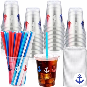 100 Sets 12 oz Nautical Disposable Plastic Cups with Lids and Straws, Blue Anchor Theme Party Cups Beverage Drinking Cups for Ocean Theme Birthday Summer Party Supplies