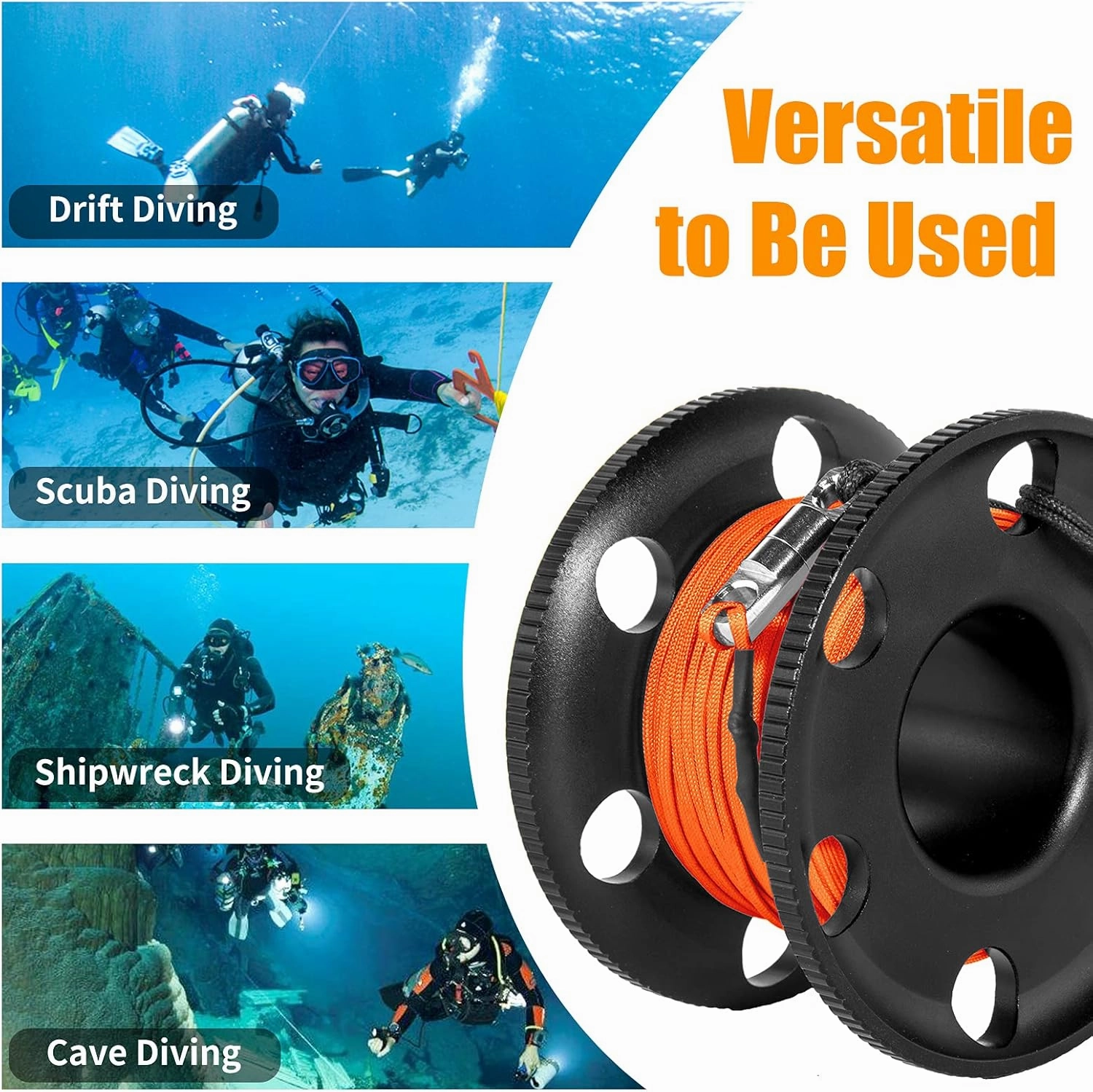 100FT Scuba Diving Reel, Aluminum Alloy Large Scuba Spool Finger Reel with Double-Ended Bolt Snap Clip for Underwater Scuba Diving Snorkeling Spearfishing (Orange Line Black Reel)