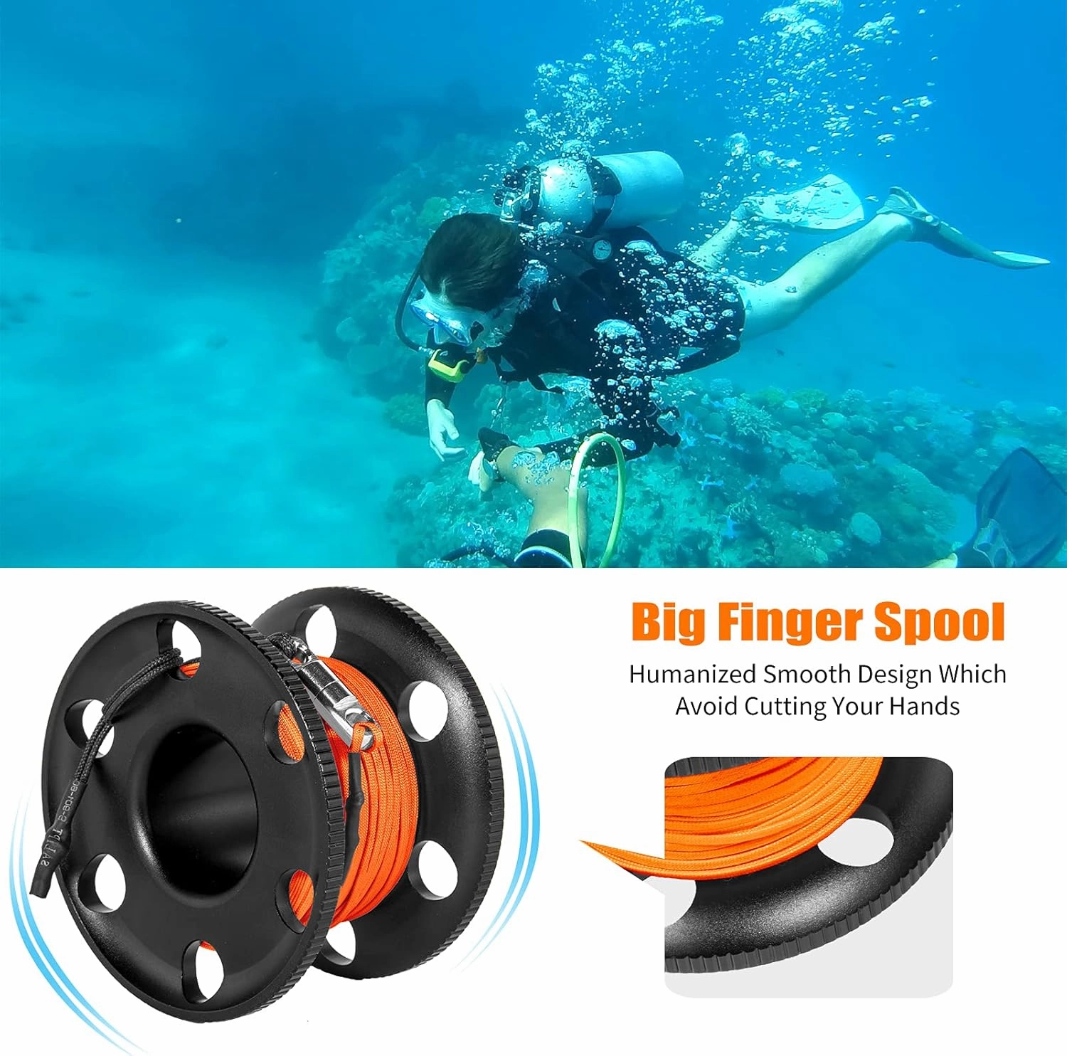 100FT Scuba Diving Reel, Aluminum Alloy Large Scuba Spool Finger Reel with Double-Ended Bolt Snap Clip for Underwater Scuba Diving Snorkeling Spearfishing (Orange Line Black Reel)