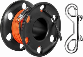 100FT Scuba Diving Reel, Aluminum Alloy Large Scuba Spool Finger Reel with Double-Ended Bolt Snap Clip for Underwater Scuba Diving Snorkeling Spearfishing (Orange Line Black Reel)