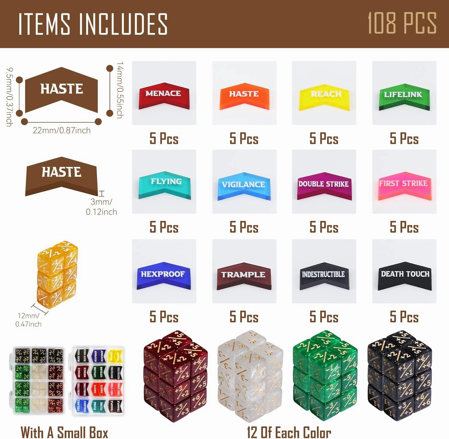 108PCS MTG Keyword Tokens & 12mm MTG Life Counter Dice Set for Magic Card, CCG Creature Stats Loyalty Dice with Box, Magic TCG Card Game Accessories