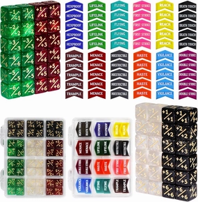 108PCS MTG Keyword Tokens & 12mm MTG Life Counter Dice Set for Magic Card, CCG Creature Stats Loyalty Dice with Box, Magic TCG Card Game Accessories