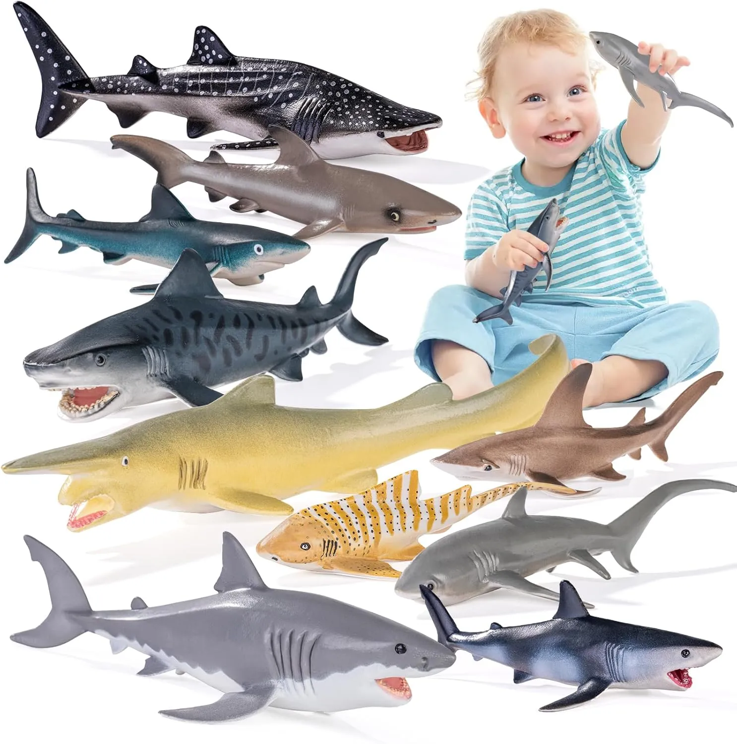 10PCS 5-8" Realistic Shark Figurines Toy for Toddlers 3-5 5-7, Large Ocean Animal Bath Toys for Kids Ages 4-8, Sharks Cake Toppers, Easter Eggs, Birthday Party Favors & Gifts for Boys & Girls