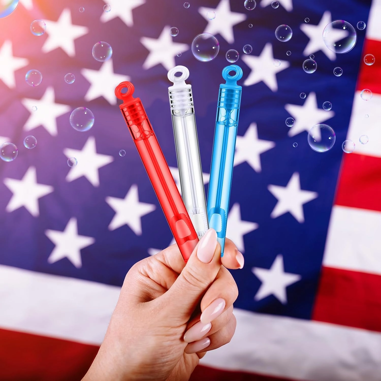 120 Pcs 4th of July Mini Bubble Wands Bulk Patriotic Red White Blue Bubbles Party Favors Independence Day Memorial Day Birthday Decorations Summer Outdoor Toys Gift Kids School Classroom Prizes