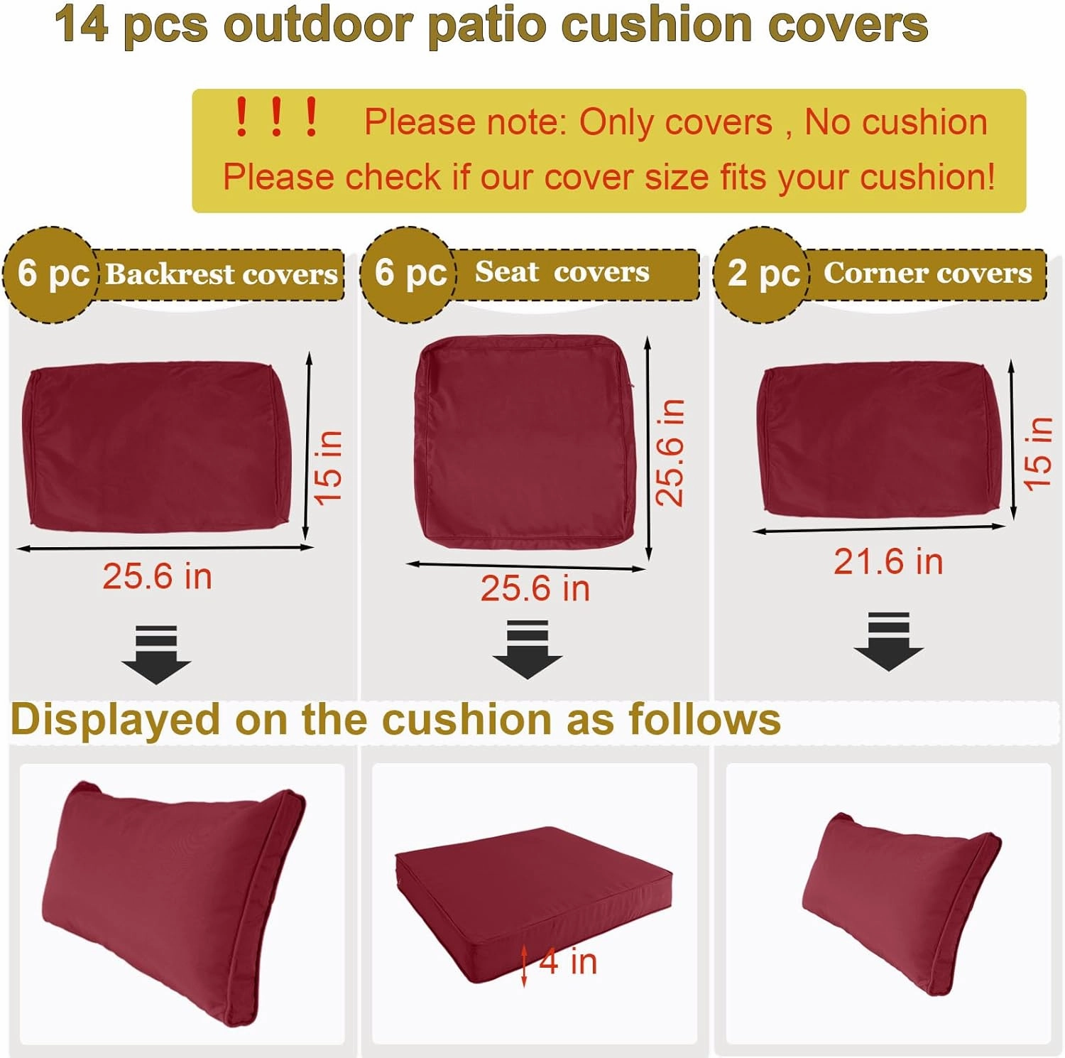 14 Piece Outdoor Patio Cushion Cover Replacement, Waterproof Patio Cushion Covers, Outdoor Furniture Cushion Covers Set for 6 Seat Wicker Rattan Sofa (Burgundy, 25.6 * 25.6 * 4 inch)