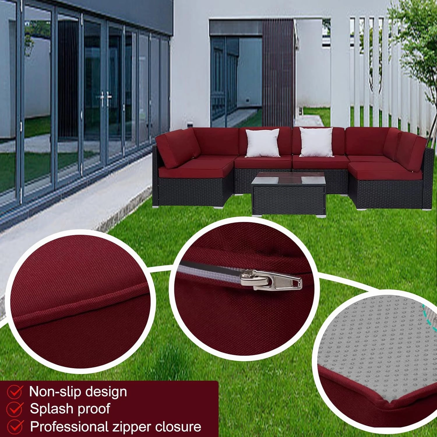 14 Piece Outdoor Patio Cushion Cover Replacement, Waterproof Patio Cushion Covers, Outdoor Furniture Cushion Covers Set for 6 Seat Wicker Rattan Sofa (Burgundy, 25.6 * 25.6 * 4 inch)