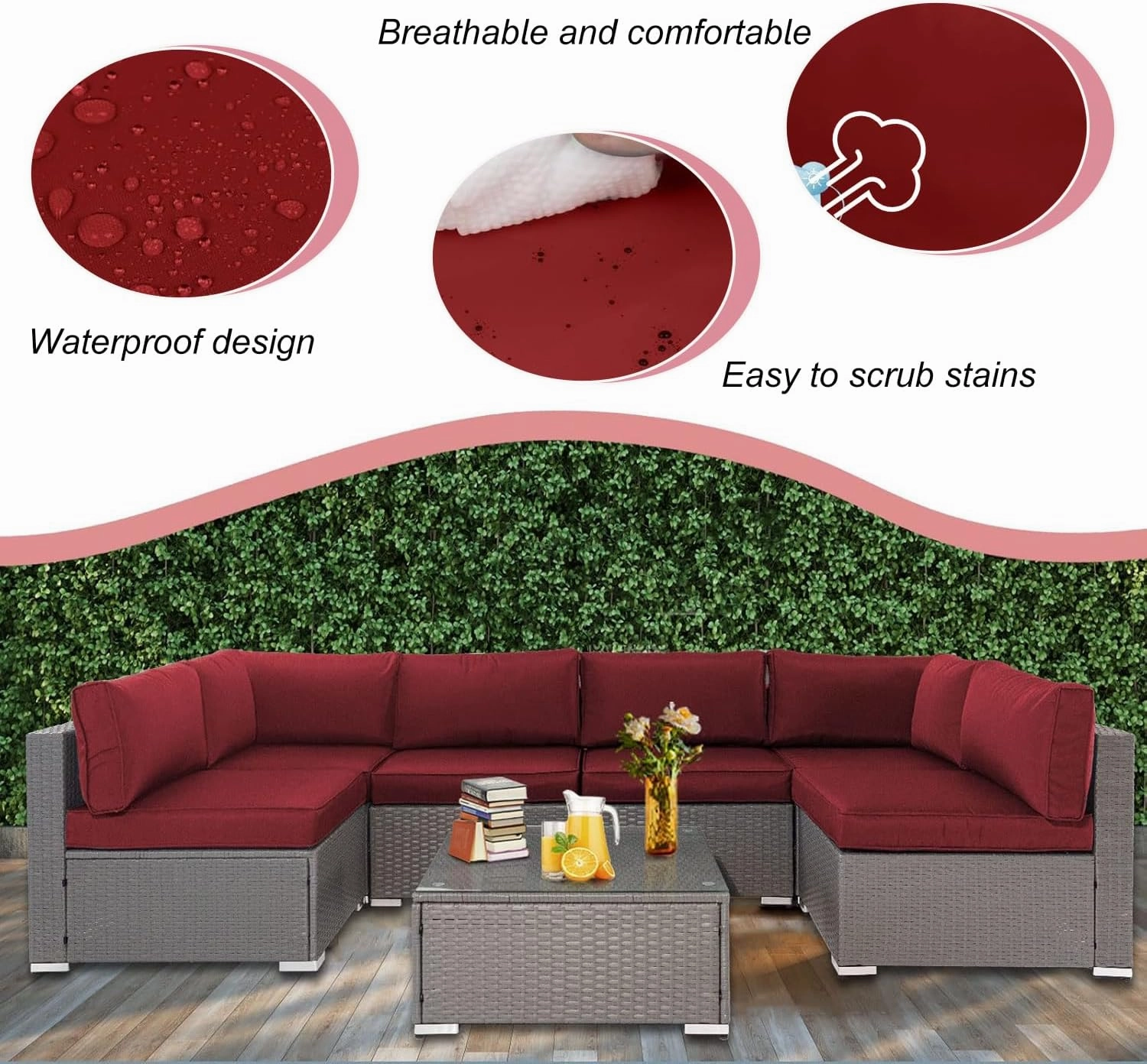 14 Piece Outdoor Patio Cushion Cover Replacement, Waterproof Patio Cushion Covers, Outdoor Furniture Cushion Covers Set for 6 Seat Wicker Rattan Sofa (Burgundy, 25.6 * 25.6 * 4 inch)