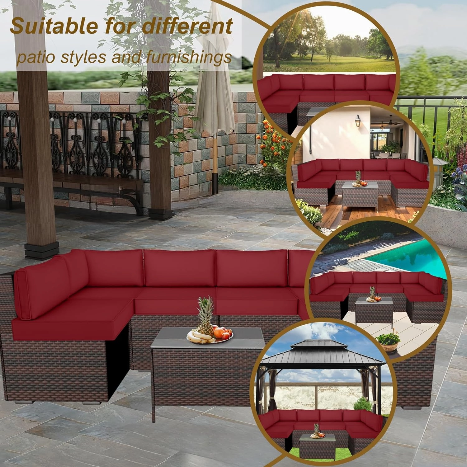 14 Piece Outdoor Patio Cushion Cover Replacement, Waterproof Patio Cushion Covers, Outdoor Furniture Cushion Covers Set for 6 Seat Wicker Rattan Sofa (Burgundy, 25.6 * 25.6 * 4 inch)