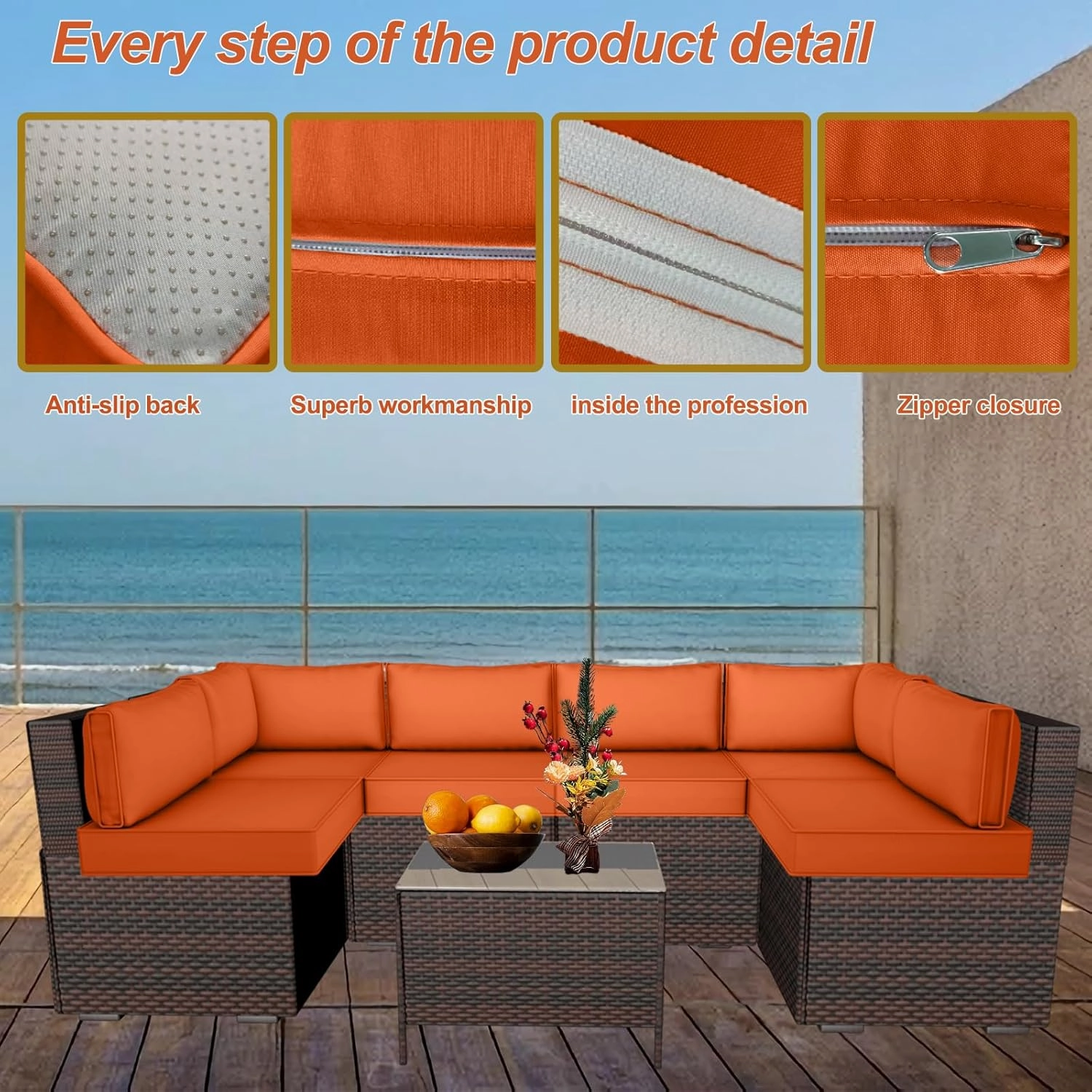 14 Piece Outdoor Patio Cushion Cover Replacement, Waterproof Patio Cushion Covers, Outdoor Furniture Cushion Covers Set for 6 Seat Wicker Rattan Sofa (Orange, 25.6x25.6x4 in)