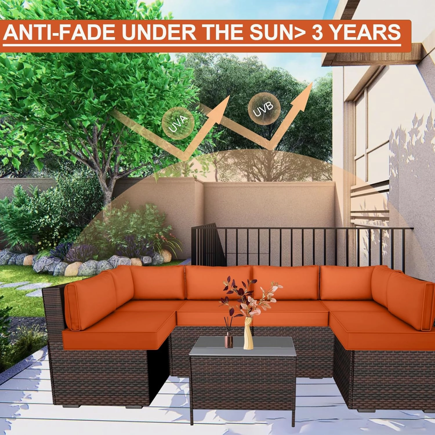 14 Piece Outdoor Patio Cushion Cover Replacement, Waterproof Patio Cushion Covers, Outdoor Furniture Cushion Covers Set for 6 Seat Wicker Rattan Sofa (Orange, 25.6x25.6x4 in)