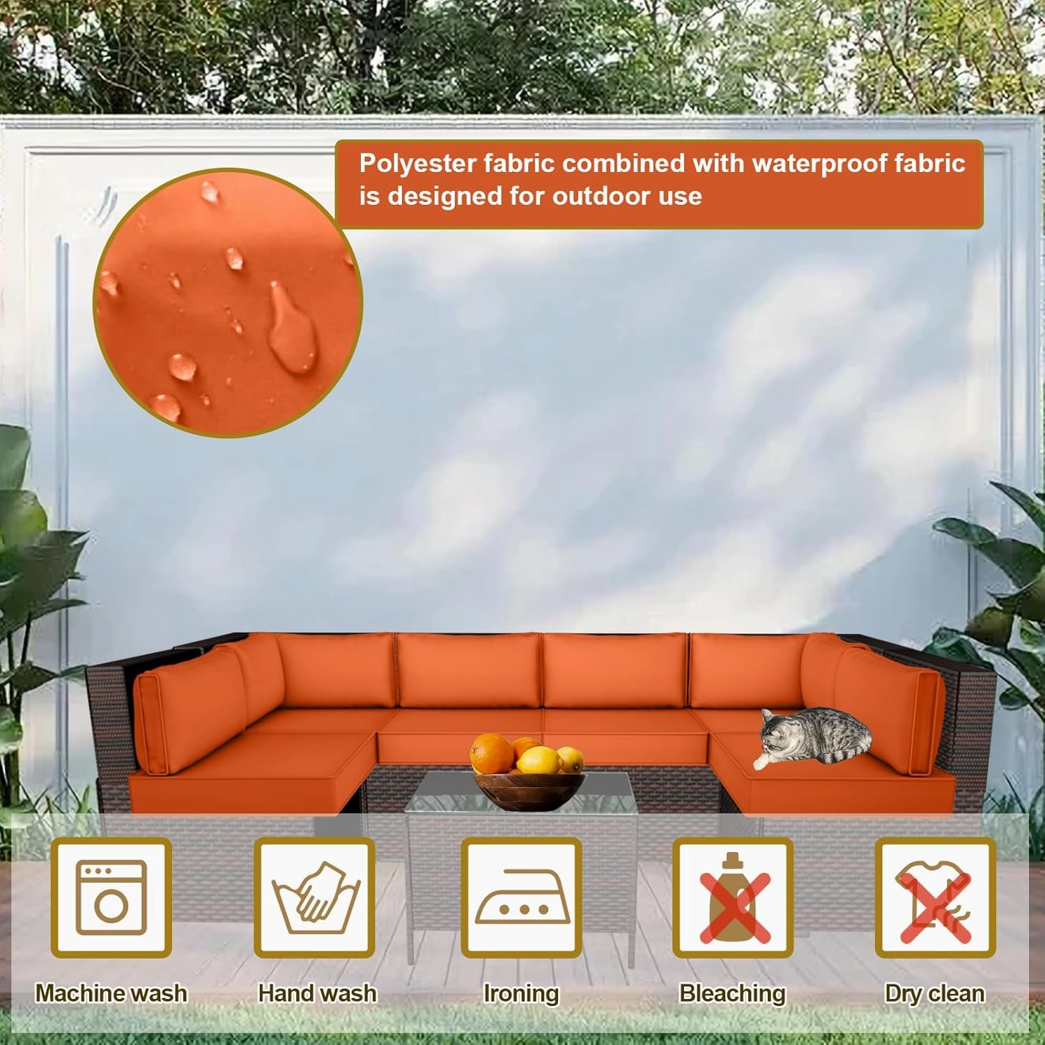 14 Piece Outdoor Patio Cushion Cover Replacement, Waterproof Patio Cushion Covers, Outdoor Furniture Cushion Covers Set for 6 Seat Wicker Rattan Sofa (Orange, 25.6x25.6x4 in)