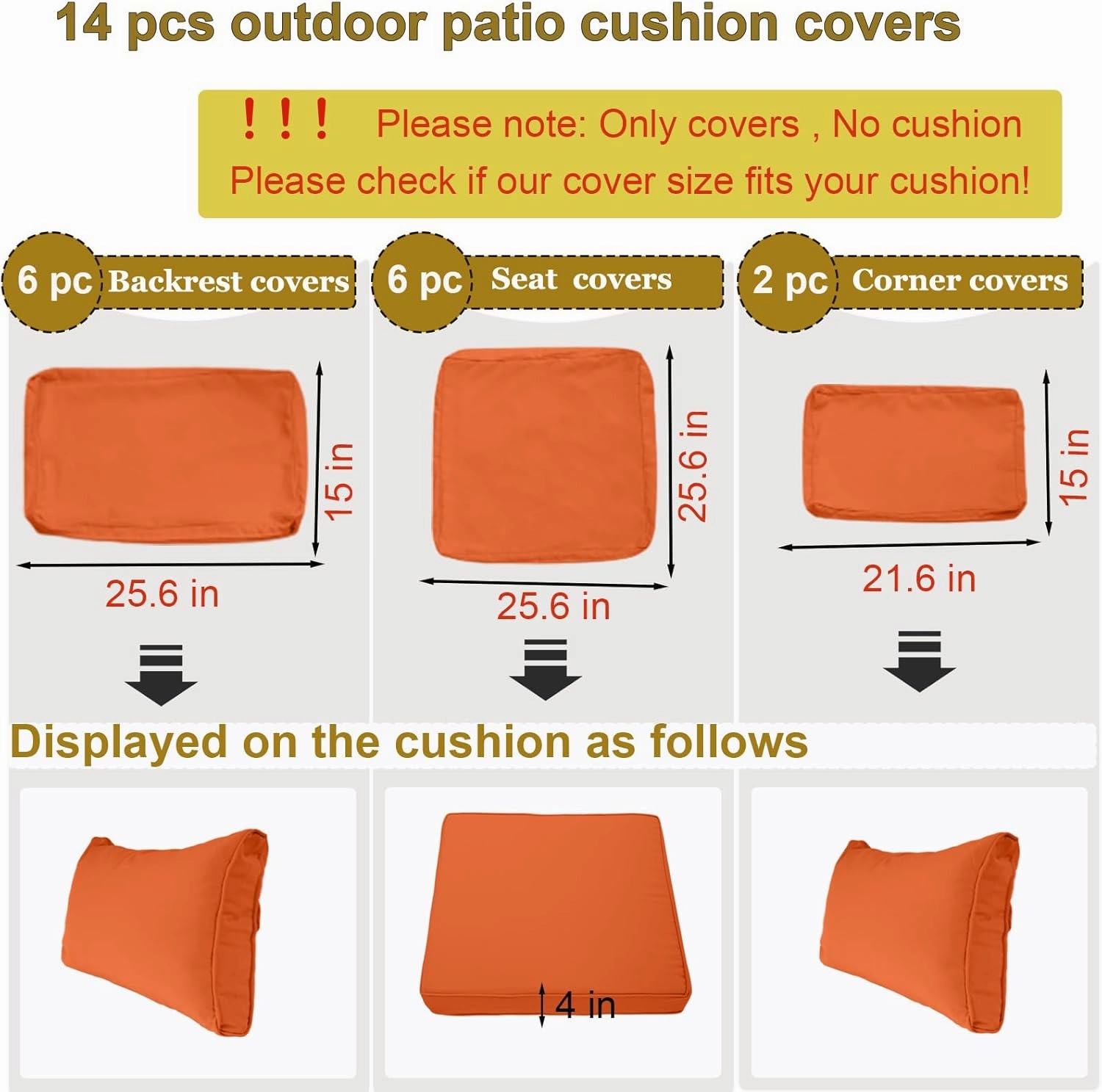 14 Piece Outdoor Patio Cushion Cover Replacement, Waterproof Patio Cushion Covers, Outdoor Furniture Cushion Covers Set for 6 Seat Wicker Rattan Sofa (Orange, 25.6x25.6x4 in)