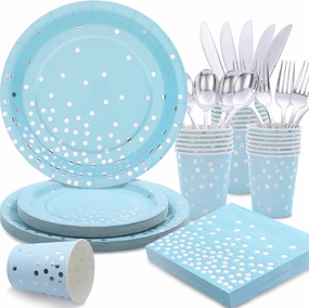 175 Pcs Light Blue Plates and Napkins Party Supplies - Baby Blue Paper Plates Serve 25 Guests - Light Blue and Silver Disposable Plates Sets for Birthday Wedding Baby Shower Holiday Party Decorations
