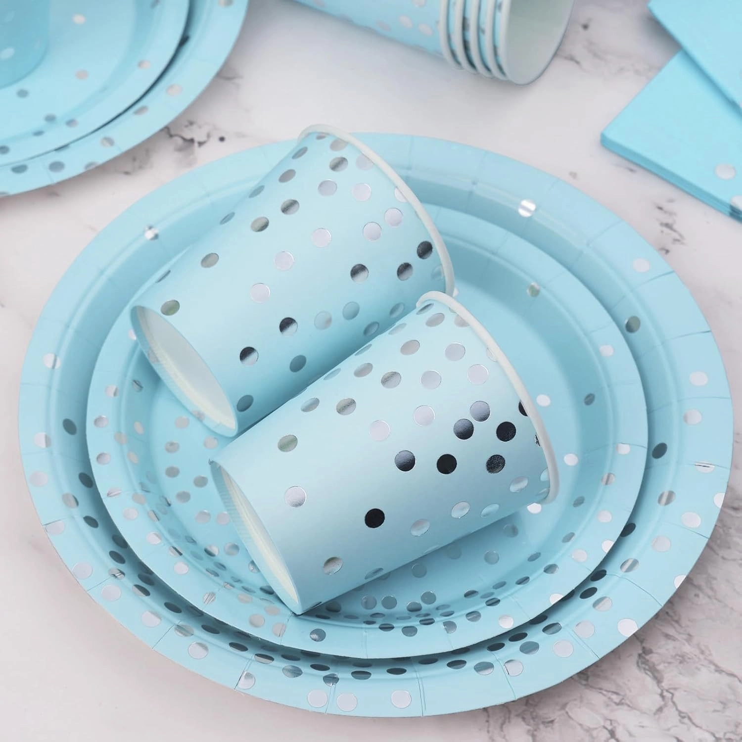 175 Pcs Light Blue Plates and Napkins Party Supplies - Baby Blue Paper Plates Serve 25 Guests - Light Blue and Silver Disposable Plates Sets for Birthday Wedding Baby Shower Holiday Party Decorations