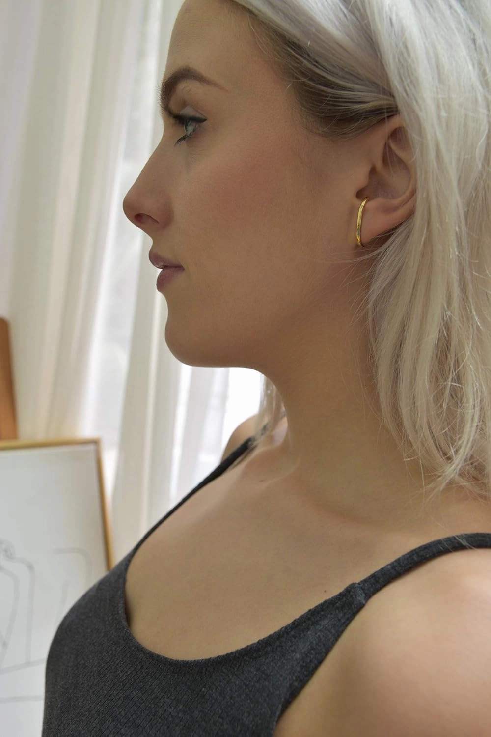18K Gold Plated Sterling Silver Suspension Hoop Earring Ear Suspender Minimalist Ear Cuff Rose Gold Wrap Hoop Silver Huggie Earring