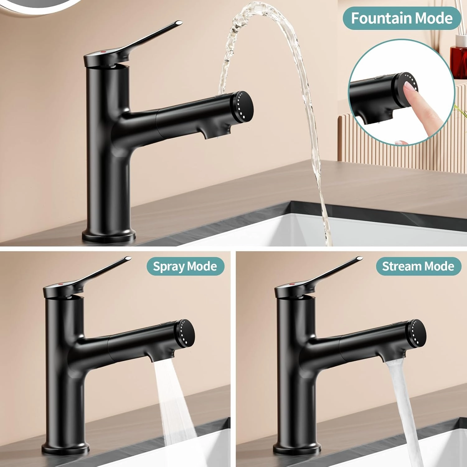 1 Hole Faucet for Bathroom Sink, Modern Single Hole Bathroom Faucet with Pull Out Sprayer, Single Handle Pull Down Fountain Tap with 3 Spray Modes (Black, Regular)