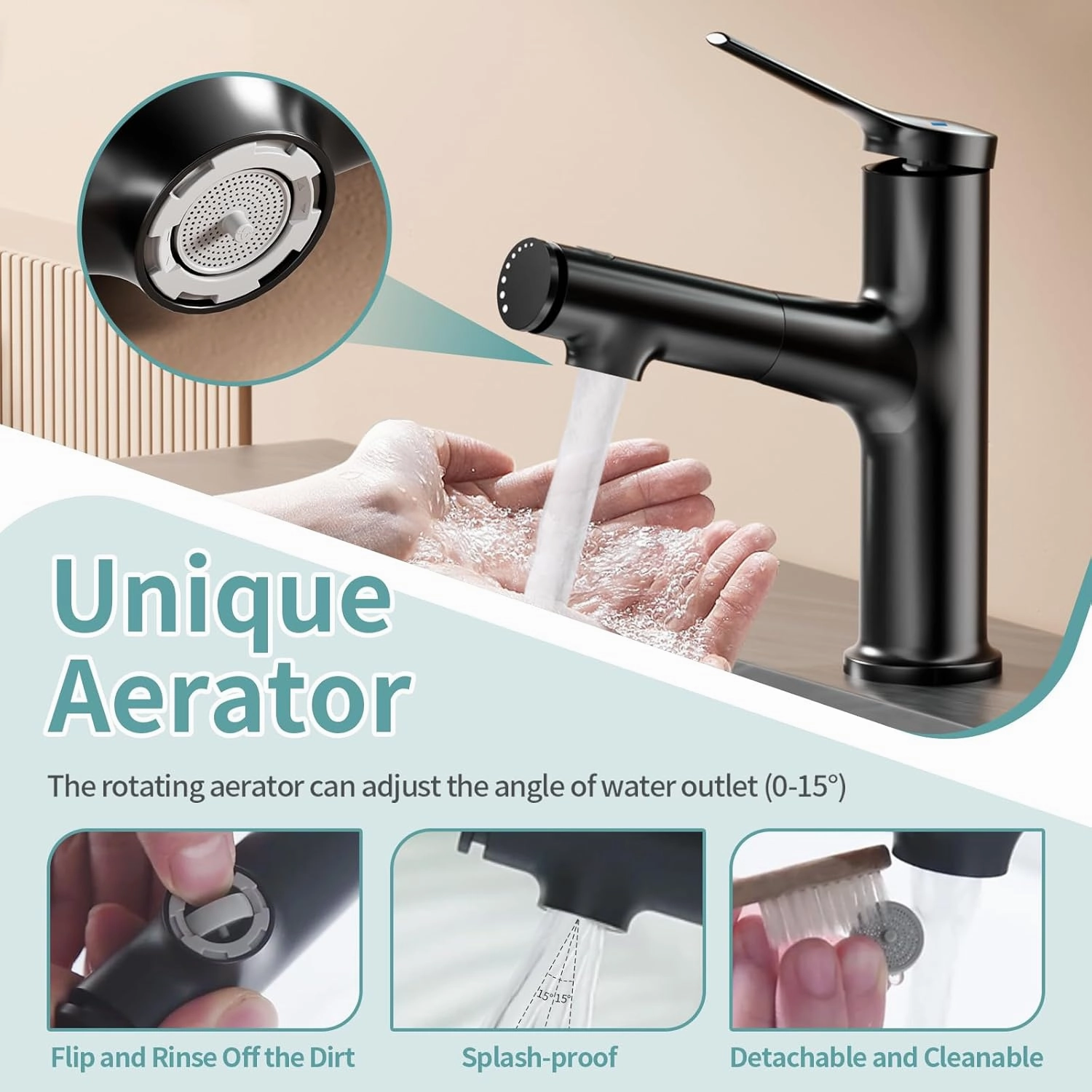1 Hole Faucet for Bathroom Sink, Modern Single Hole Bathroom Faucet with Pull Out Sprayer, Single Handle Pull Down Fountain Tap with 3 Spray Modes (Black, Regular)