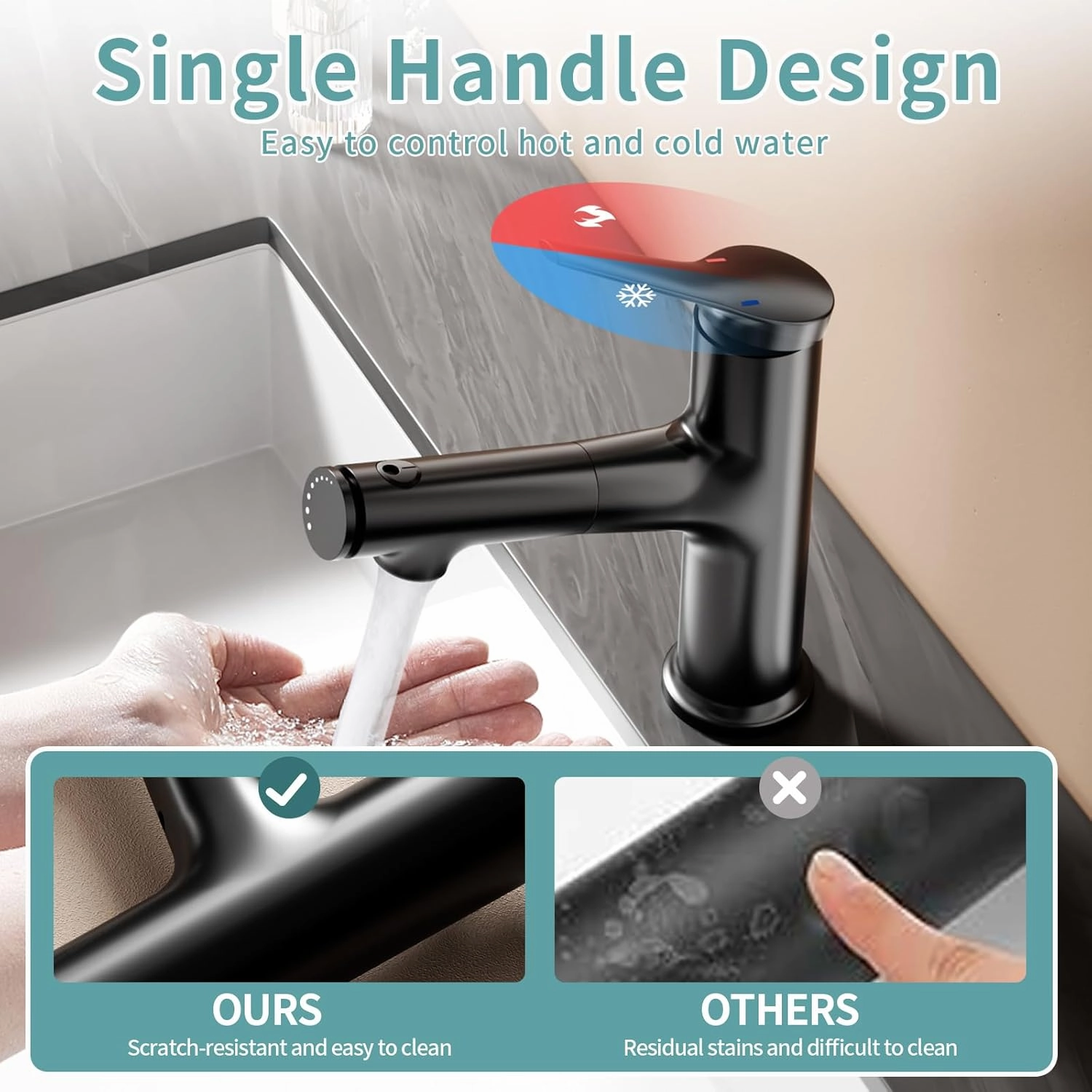 1 Hole Faucet for Bathroom Sink, Modern Single Hole Bathroom Faucet with Pull Out Sprayer, Single Handle Pull Down Fountain Tap with 3 Spray Modes (Black, Regular)