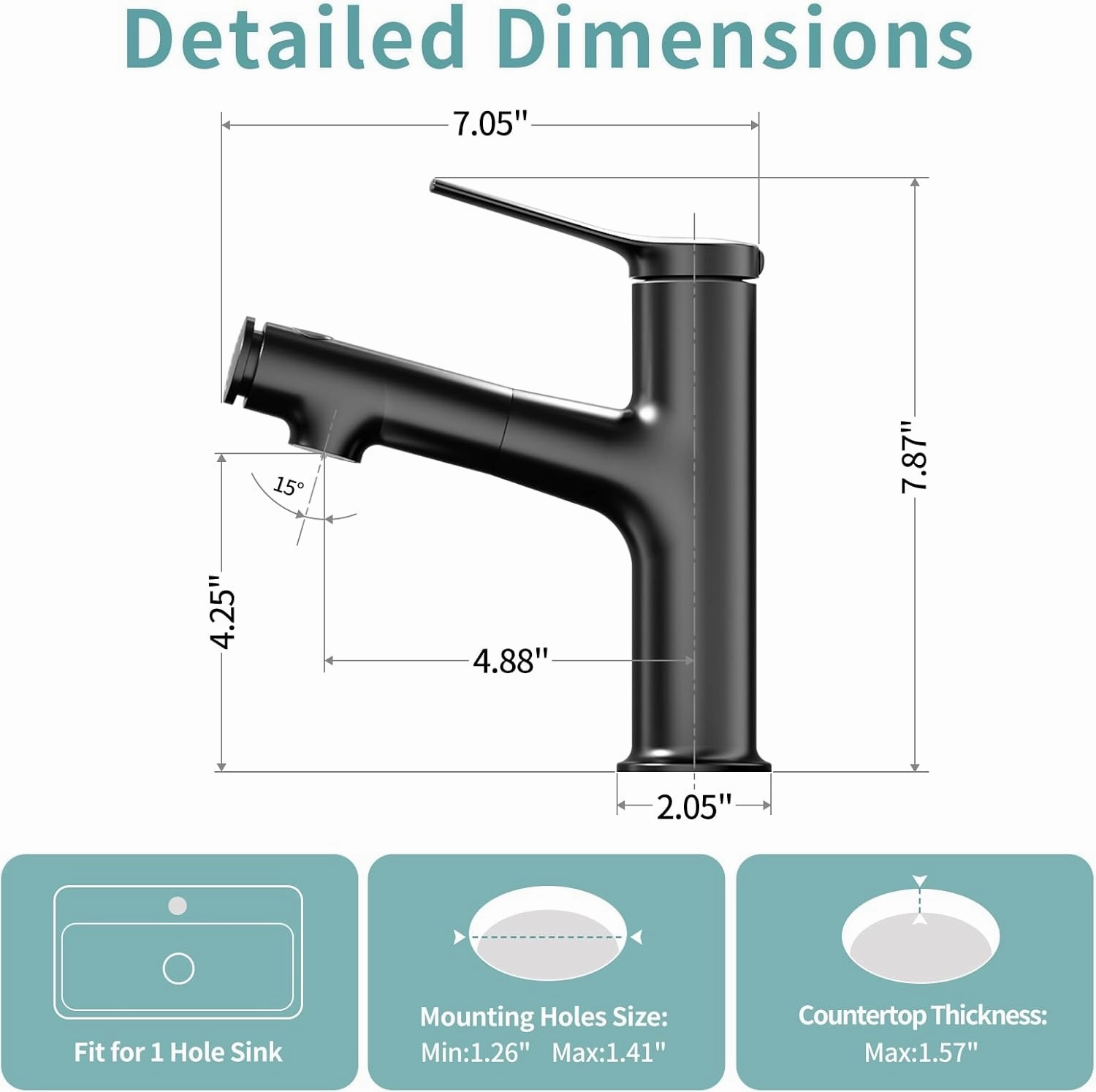 1 Hole Faucet for Bathroom Sink, Modern Single Hole Bathroom Faucet with Pull Out Sprayer, Single Handle Pull Down Fountain Tap with 3 Spray Modes (Black, Regular)