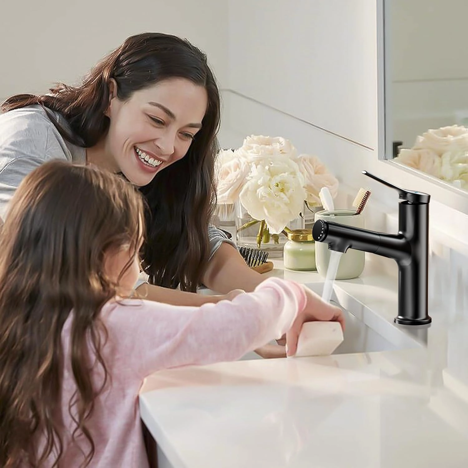 1 Hole Faucet for Bathroom Sink, Modern Single Hole Bathroom Faucet with Pull Out Sprayer, Single Handle Pull Down Fountain Tap with 3 Spray Modes (Black, Regular)
