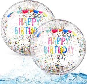 2 Pack Large Birthday Beach Balls for Pool Birthday Party 22 Inch Inflatable Clear Beach Balls with Glitter Sequins Inside for Pool Swimming Party Favors Decorations Outdoor Game