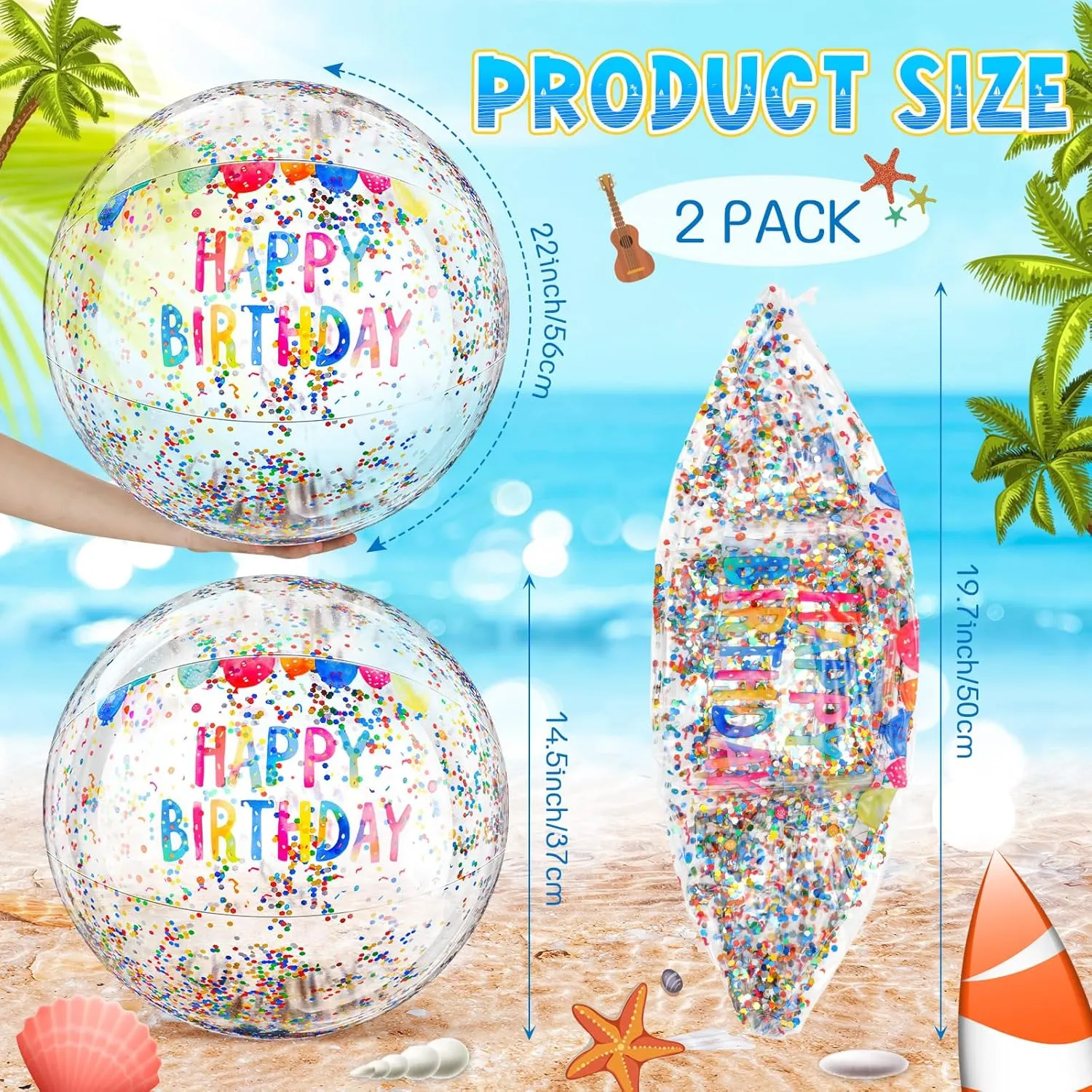2 Pack Large Birthday Beach Balls for Pool Birthday Party 22 Inch Inflatable Clear Beach Balls with Glitter Sequins Inside for Pool Swimming Party Favors Decorations Outdoor Game