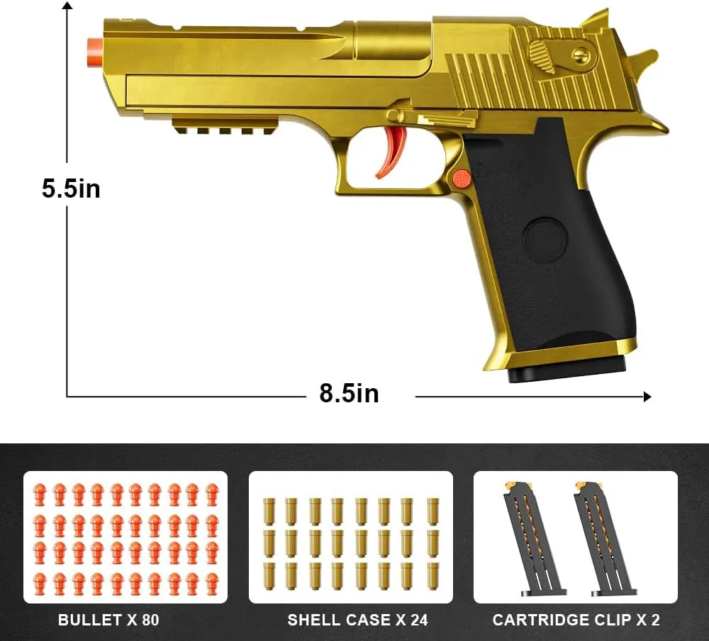 2 Pack Shell Ejecting Toy Gun - Semi-Automatic Handgun with Shell Ejection and Auto Rebound, Toy Foam Blasters & Stress Reducing Toys for Boys Girls Halloween Christmas Birthday Gifts (Black Gold)