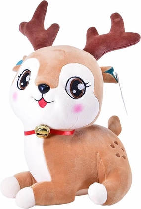 20094 - Christmas Soft Toy, Deer with Bell, Red Ribbon and Brown Eyes Embroidered, 35 cm approx.