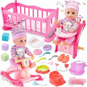 22pcs Toddler Baby Doll Accessories Set, Feeding and Caring Doll Toy Set with Cradle, Rocking Chair, Bottle, Plates, Preschool Baby Doll Birthday Gifts for Kids Ages 3 4 5 6 7 8 Year Old Girls