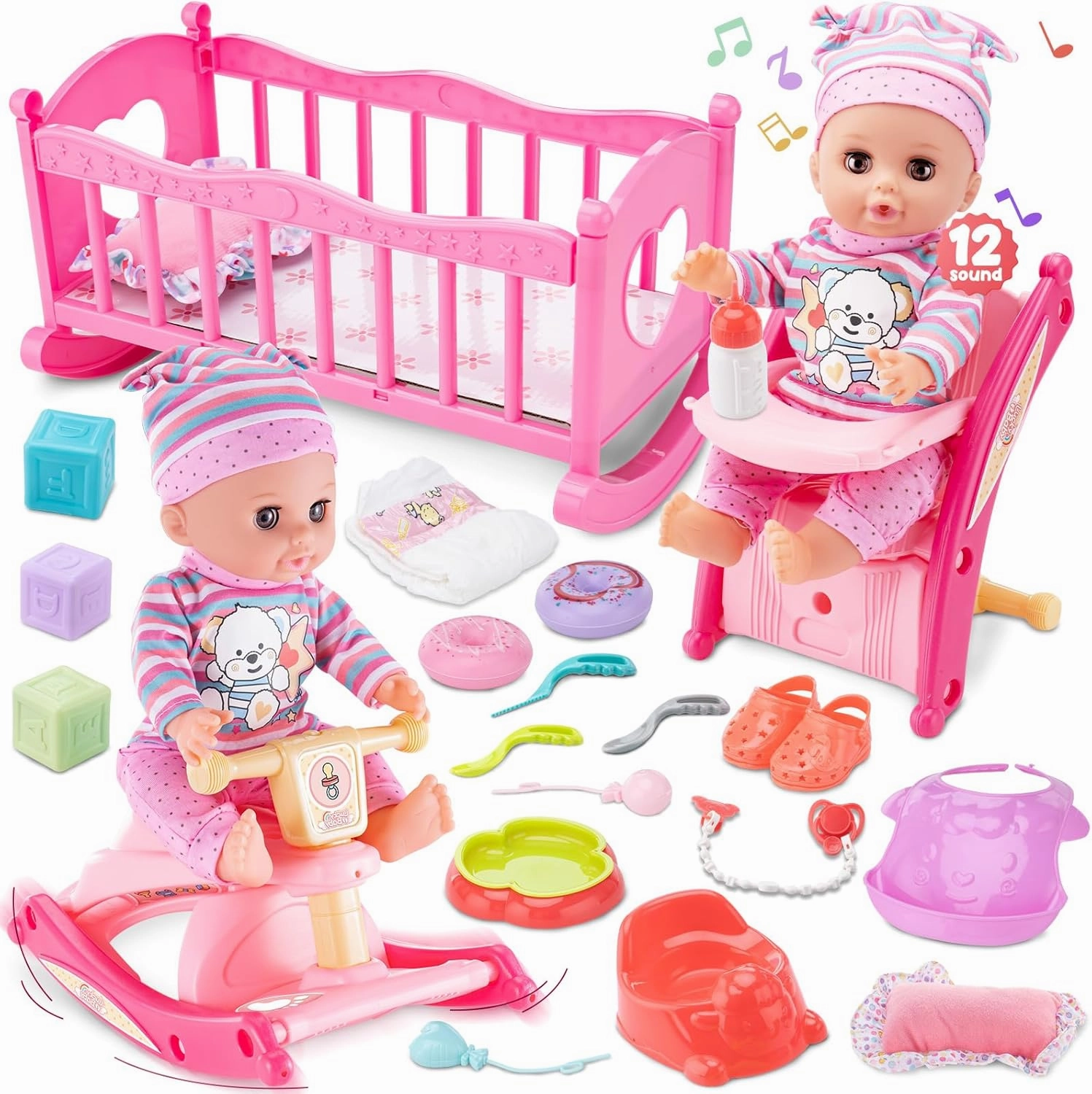 22pcs Toddler Baby Doll Accessories Set, Feeding and Caring Doll Toy Set with Cradle, Rocking Chair, Bottle, Plates, Preschool Baby Doll Birthday Gifts for Kids Ages 3 4 5 6 7 8 Year Old Girls