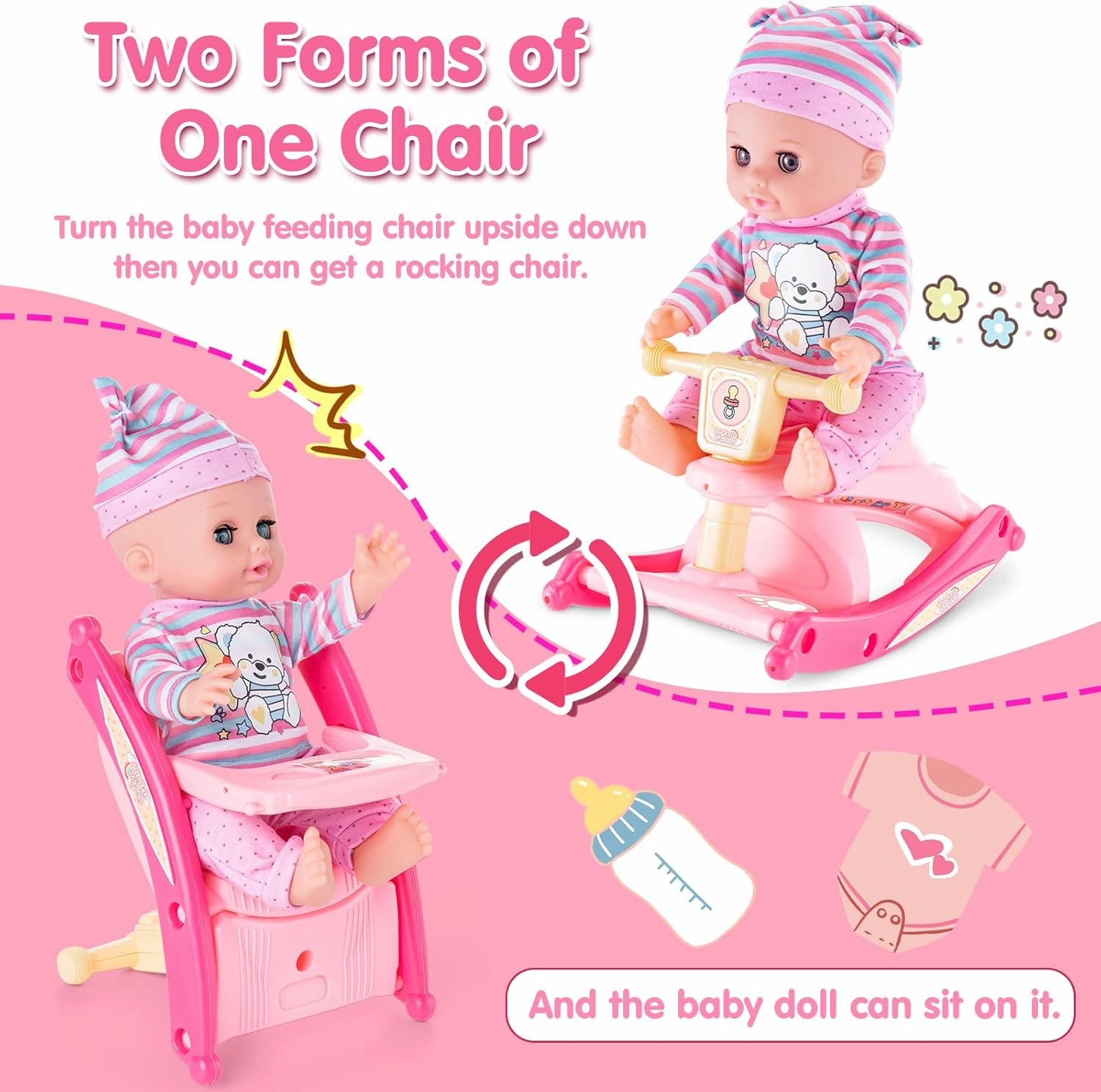 22pcs Toddler Baby Doll Accessories Set, Feeding and Caring Doll Toy Set with Cradle, Rocking Chair, Bottle, Plates, Preschool Baby Doll Birthday Gifts for Kids Ages 3 4 5 6 7 8 Year Old Girls