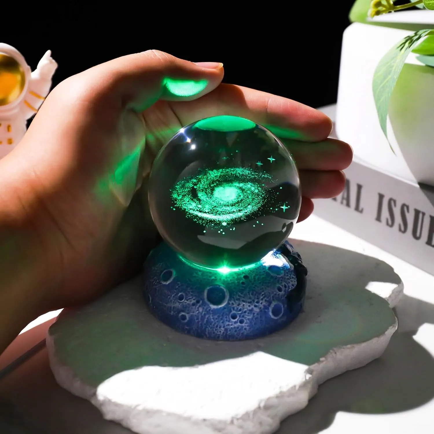 2.36'' 3D Galaxy Planet Ball with Space LED Lighting Base, Glass Sphere Miniatured Galxy Planet Birthday Gifts for Kids, Men, Astronomy Lover, Home Table Office Decor