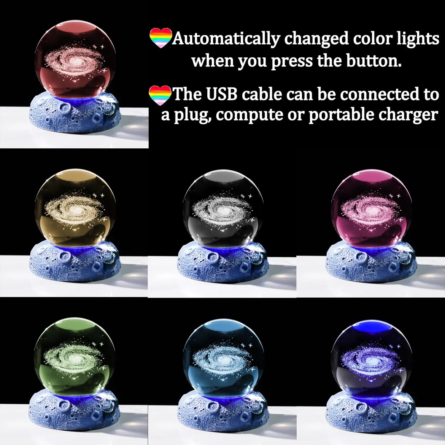 2.36'' 3D Galaxy Planet Ball with Space LED Lighting Base, Glass Sphere Miniatured Galxy Planet Birthday Gifts for Kids, Men, Astronomy Lover, Home Table Office Decor