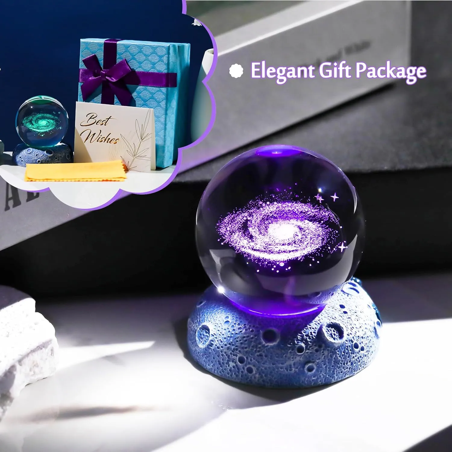 2.36'' 3D Galaxy Planet Ball with Space LED Lighting Base, Glass Sphere Miniatured Galxy Planet Birthday Gifts for Kids, Men, Astronomy Lover, Home Table Office Decor