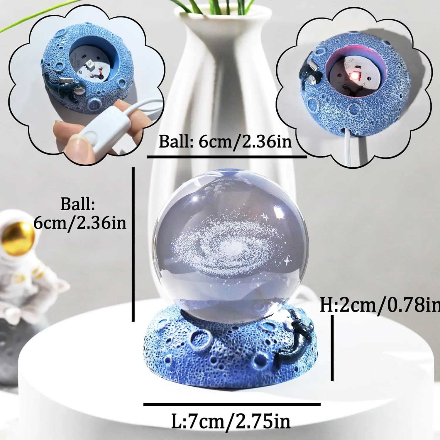 2.36'' 3D Galaxy Planet Ball with Space LED Lighting Base, Glass Sphere Miniatured Galxy Planet Birthday Gifts for Kids, Men, Astronomy Lover, Home Table Office Decor