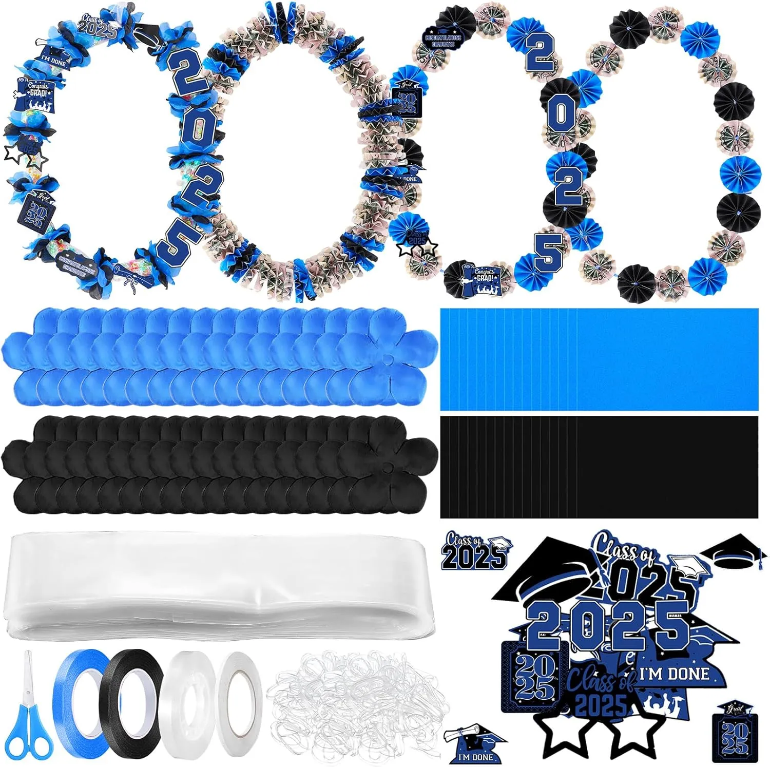 24 Sets Graduation Candy Lei Making Kit Include 24 Clear Poly Candy Lei Tubing with Flower Cards Grad Stickers White Rubber Bands Ribbons Glues for 2025 Graduation Party Supplies