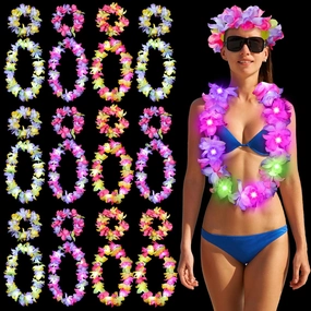 24 Pcs LED Hawaiian Leis Set Luau Party Decorations Bulk Lighted Tropical Leis Flowers 12 Necklaces 12 Headbands Bulk for Wedding Beach Carnival Summer Birthday Supplies Party Favors