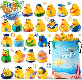 24 Pcs Summer Rubber Ducks with a Bag, Ducks for Jeeps, Assorted Beach Toys for Duckies Games, Summer Gifts Prizes for Kids, Summer Party Favors, Swimming Pool Water Bath Toys