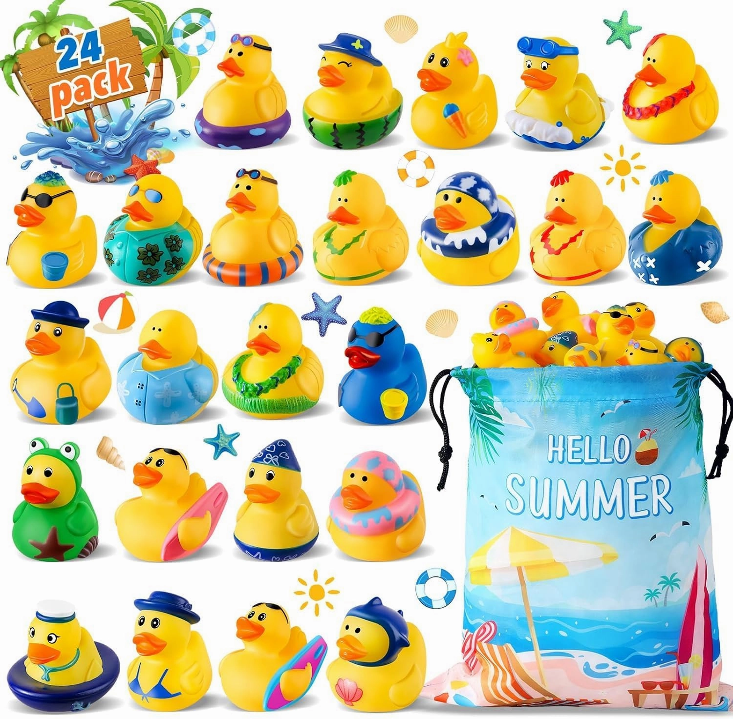 24 Pcs Summer Rubber Ducks with a Bag, Ducks for Jeeps, Assorted Beach Toys for Duckies Games, Summer Gifts Prizes for Kids, Summer Party Favors, Swimming Pool Water Bath Toys