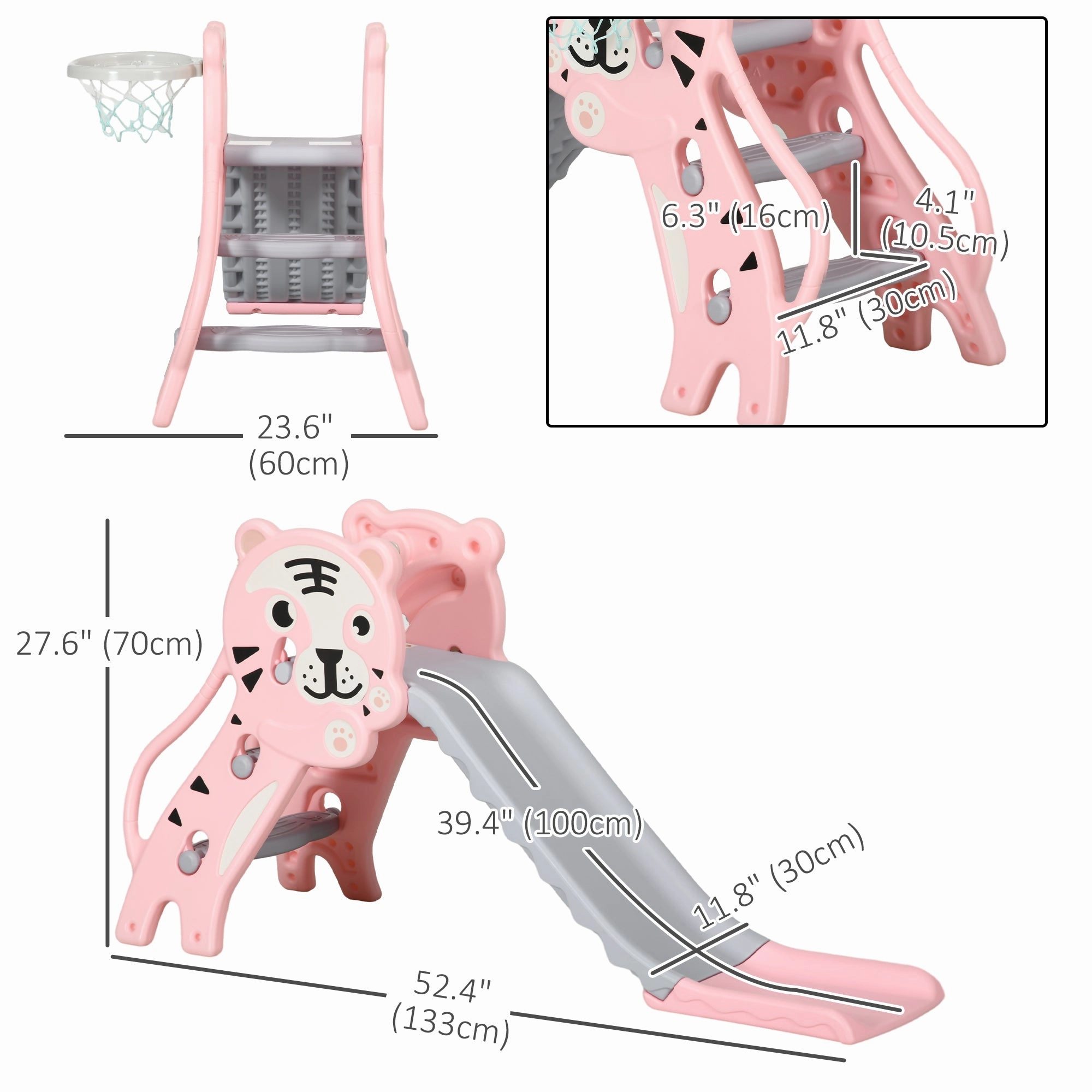 2 in 1 Slide for Toddlers, Kids Slide Playset with Basketball Hoop for 18-36 Months, Pink