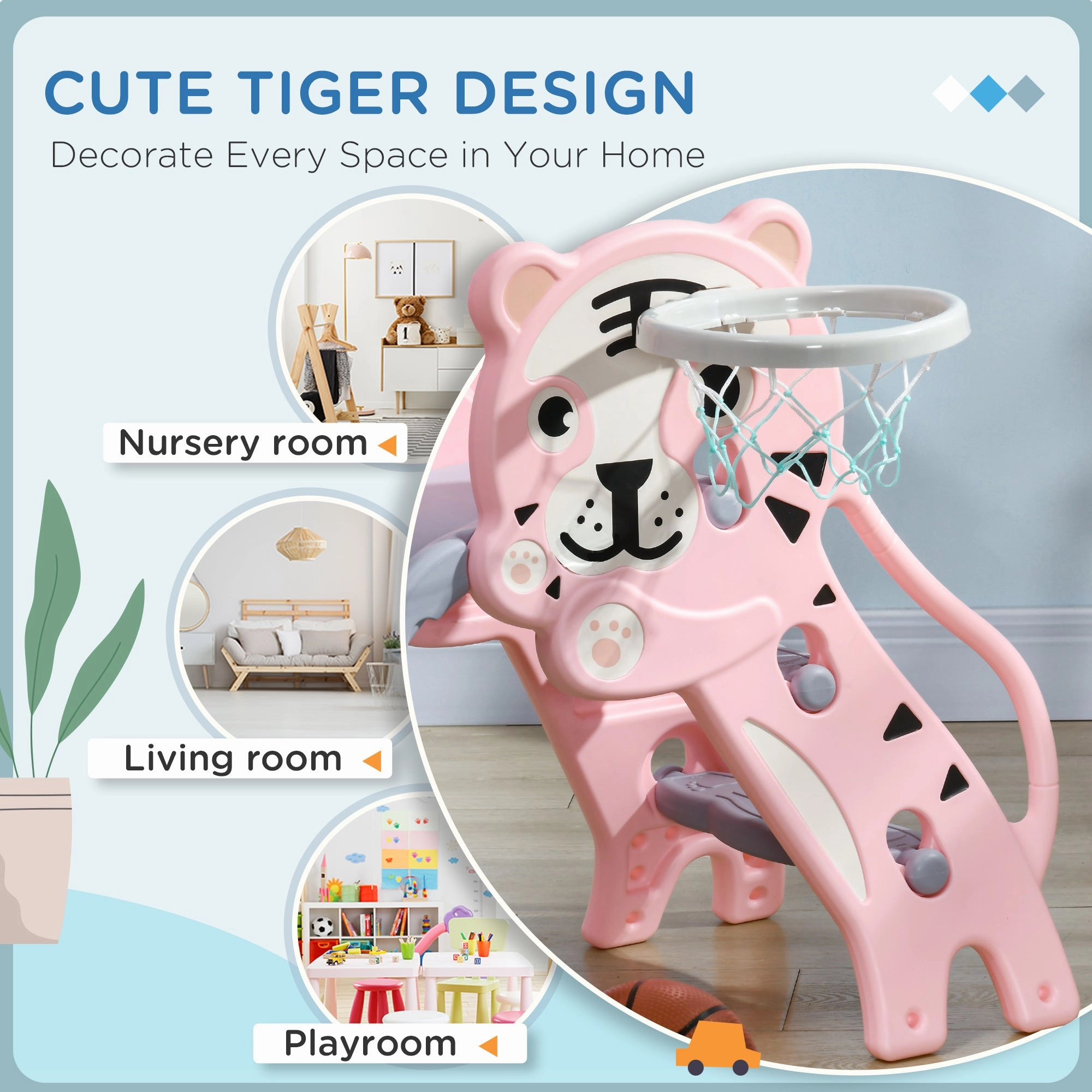 2 in 1 Slide for Toddlers, Kids Slide Playset with Basketball Hoop for 18-36 Months, Pink