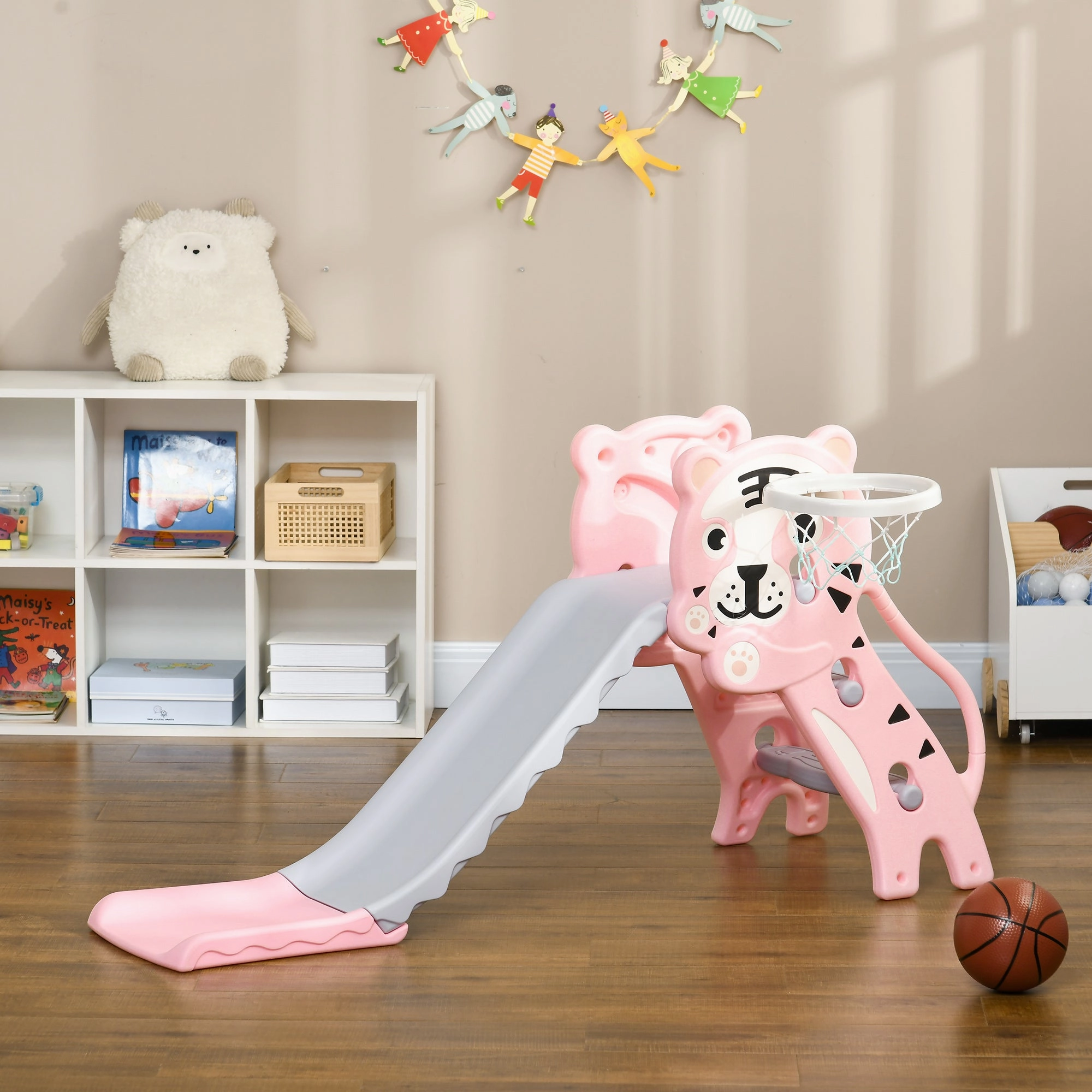 2 in 1 Slide for Toddlers, Kids Slide Playset with Basketball Hoop for 18-36 Months, Pink