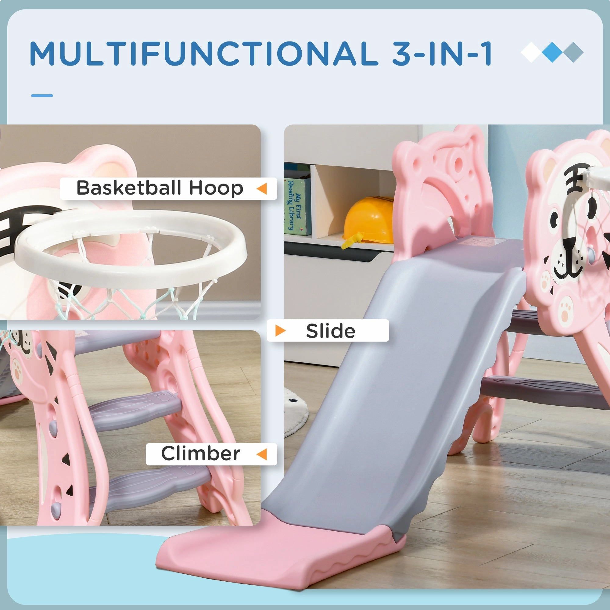2 in 1 Slide for Toddlers, Kids Slide Playset with Basketball Hoop for 18-36 Months, Pink