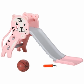 2 in 1 Slide for Toddlers, Kids Slide Playset with Basketball Hoop for 18-36 Months, Pink