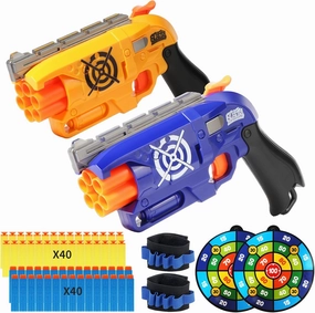 2 Pack Compatible with Nerf Bullets Toy Foam Blaster, 6 Auto-Dart Rotating Drum Soft Bullets Gun, Indoor Outdoor Shooting Games, Boys 6   Years Kids Old Christmas Birthday Gift (Yellow and Blue)