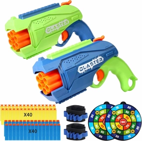 2 Pack Toy Foam Blaster, Boys Toy Blaster 6 Dart Rotating Drum, with 80 Soft Bullets, Children's Indoor Outdoor Foam Dart Blaster Shooting Game, Toy Party Birthday (Green and Light Blue)