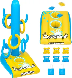 2in1 Cornhole, 6 Bean Bags & Ring Toss with Anchor Bags, Inflatable Cornhole Pool Game Floating, Pool Toys for Adults Teens and Family