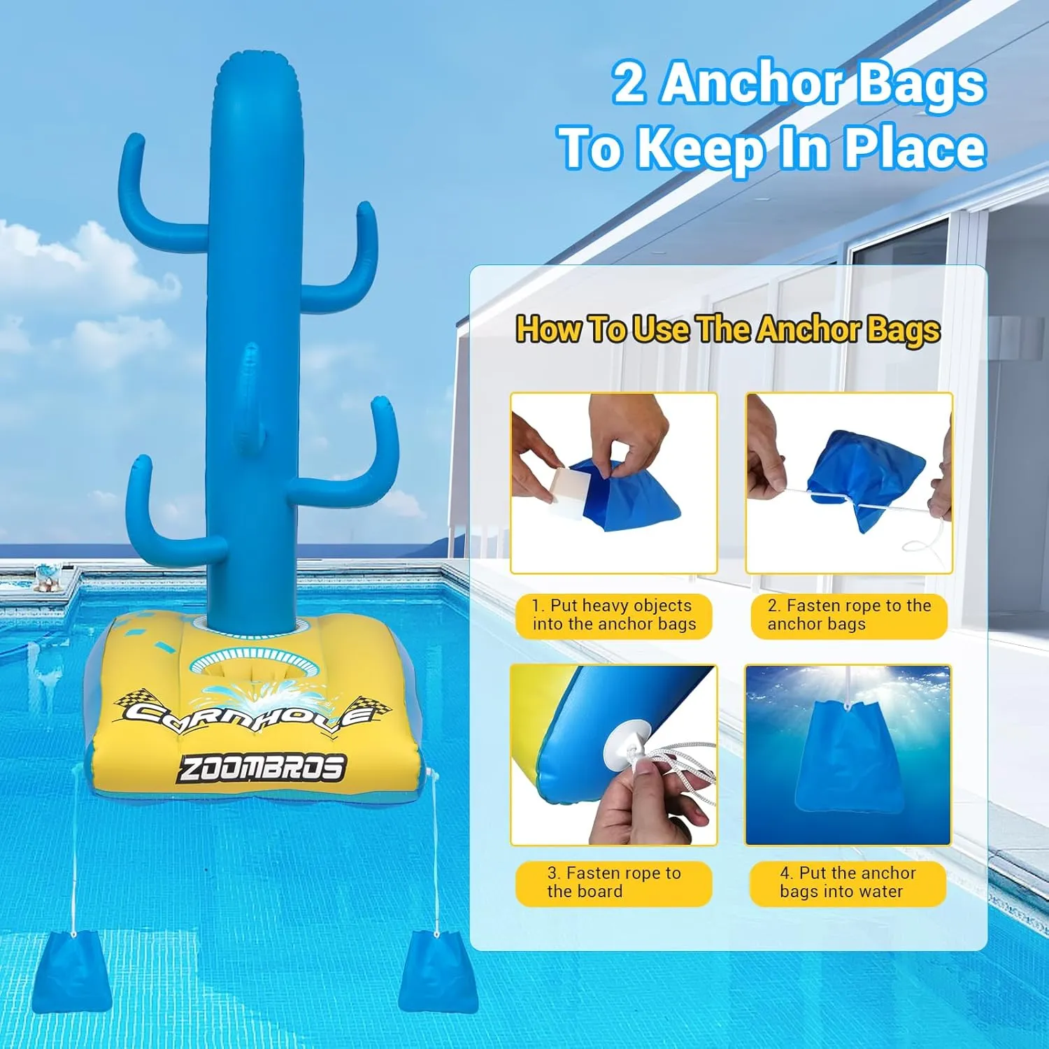 2in1 Cornhole, 6 Bean Bags & Ring Toss with Anchor Bags, Inflatable Cornhole Pool Game Floating, Pool Toys for Adults Teens and Family